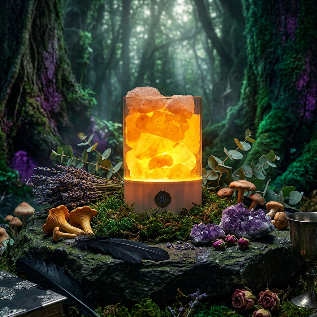 Glowing crystal lamp on a wooden surface with a warm orange background