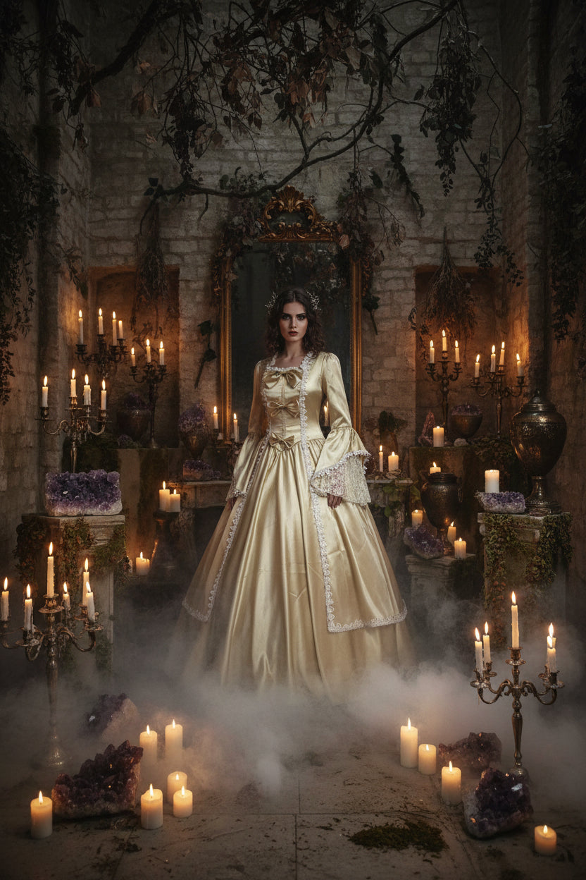 Vintage-style dress with lace details on a gray background