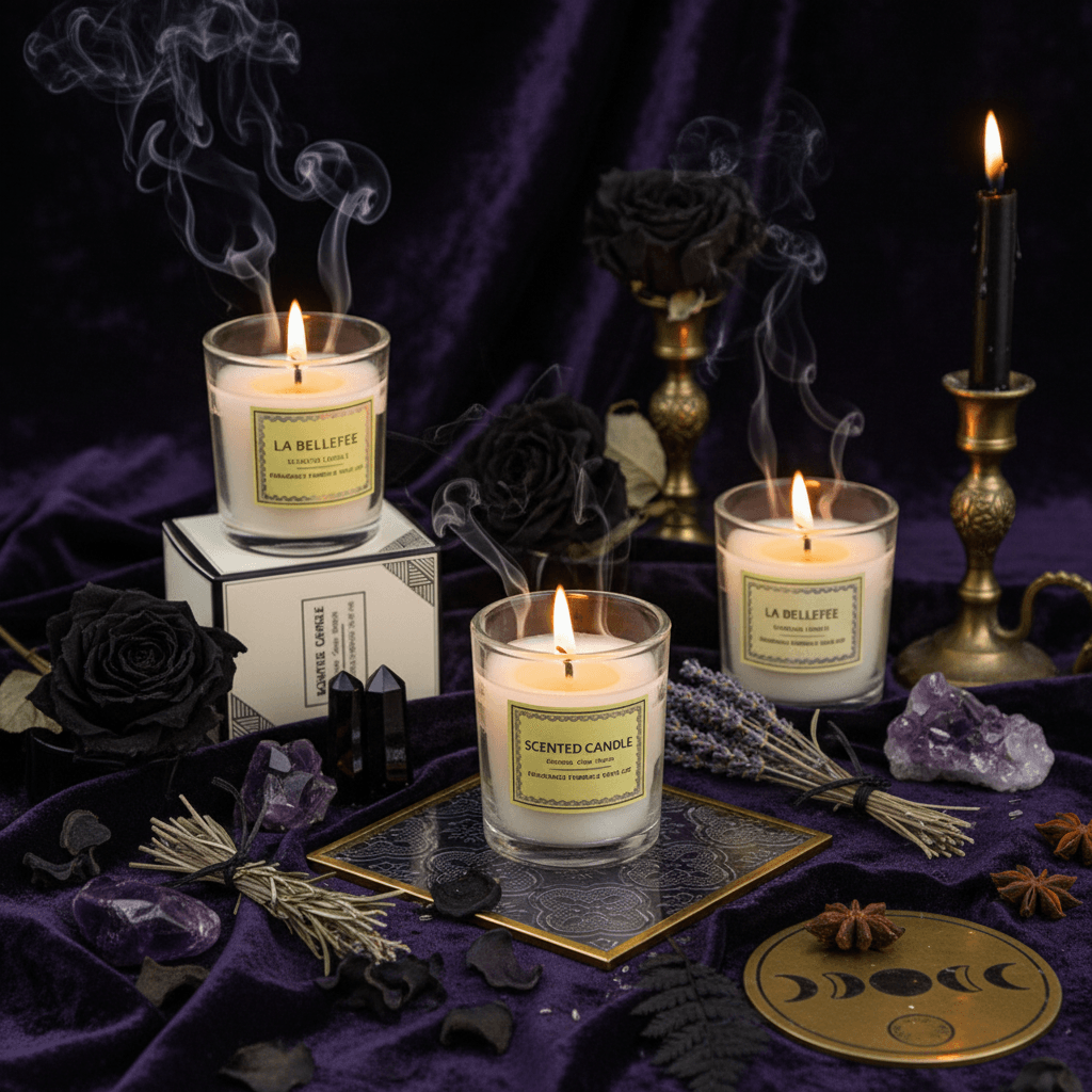 Three lit scented candles with visible labels on a decorative surface.