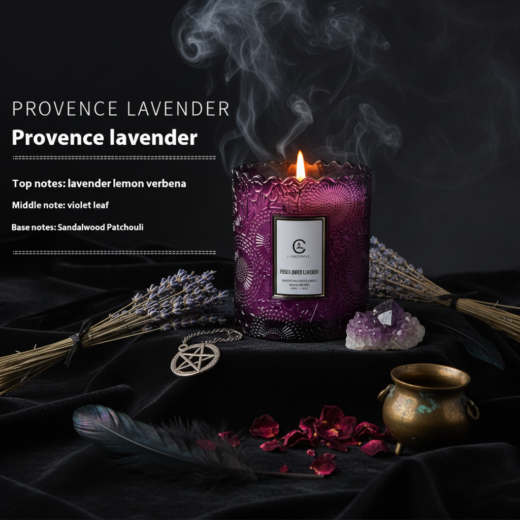 Purple candle labeled 'Provence Lavender' with detailed fragrance notes on a white background