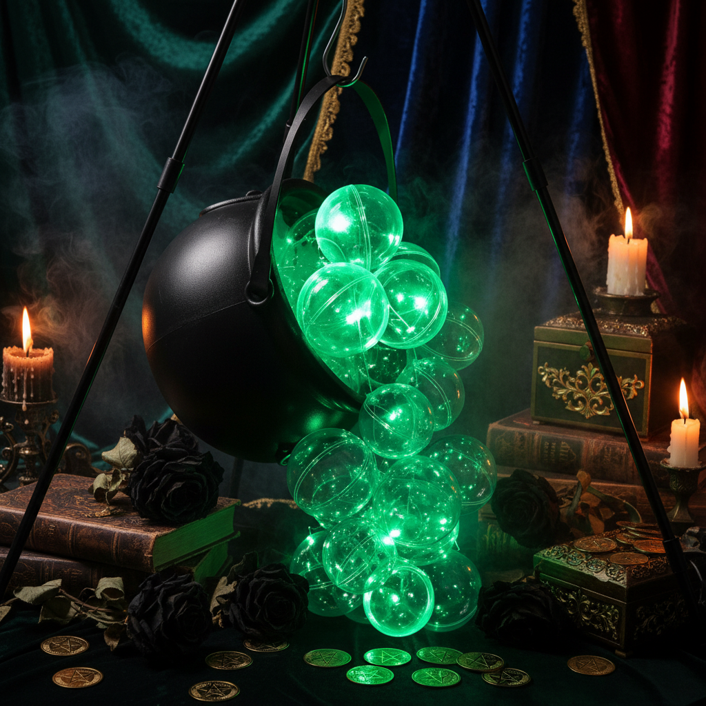 A black hanging container or bucket filled with glowing green translucent bubble-like spheres, photographed in a dark green-lit setting with tripod supports visible in the background.