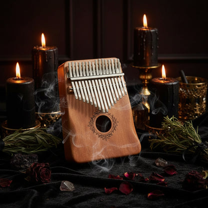 A wooden kalimba thumb piano with silver metal keys, standing on a tabletop in front of a framed leaf print.