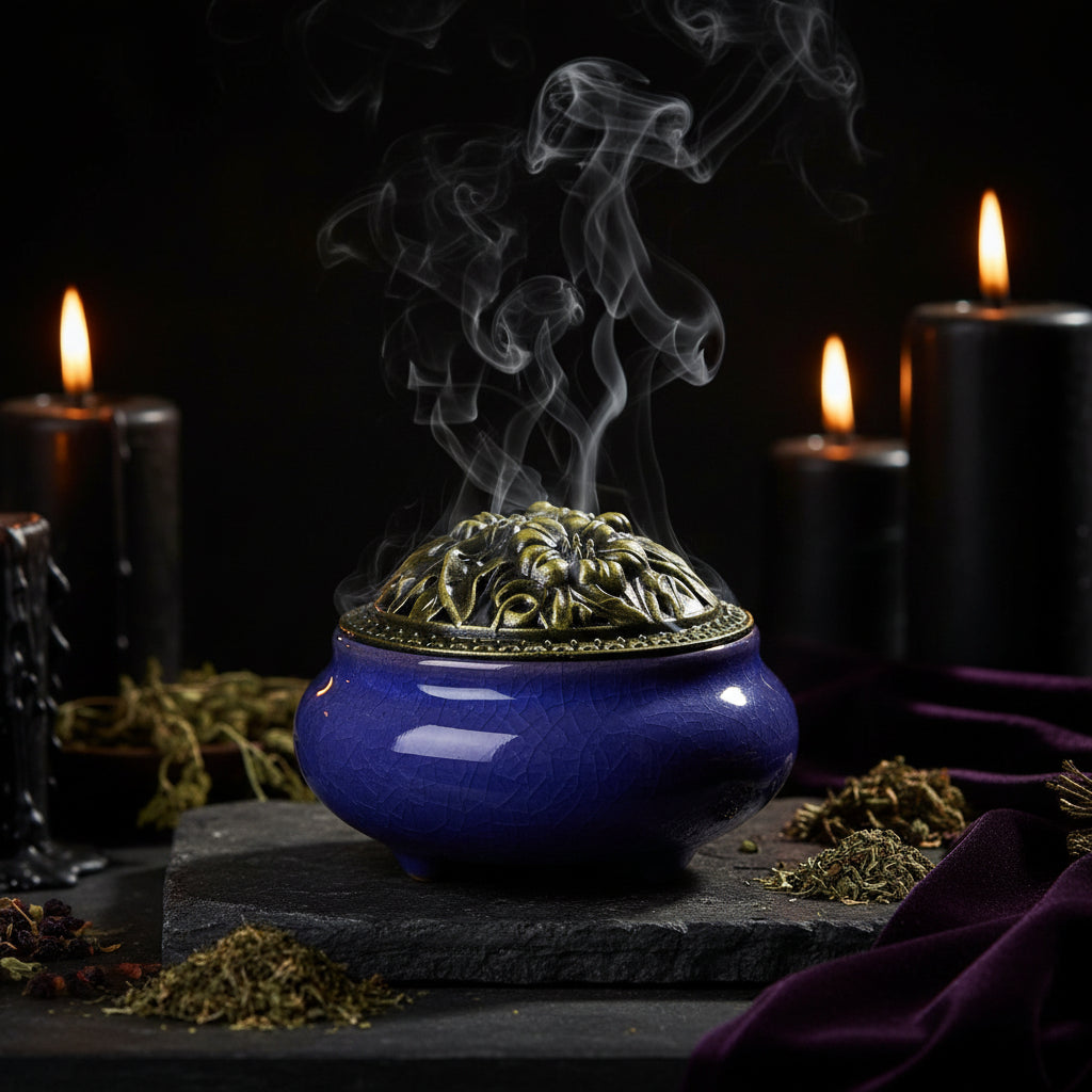 Blue ceramic incense burner with decorative lid on a wooden surface