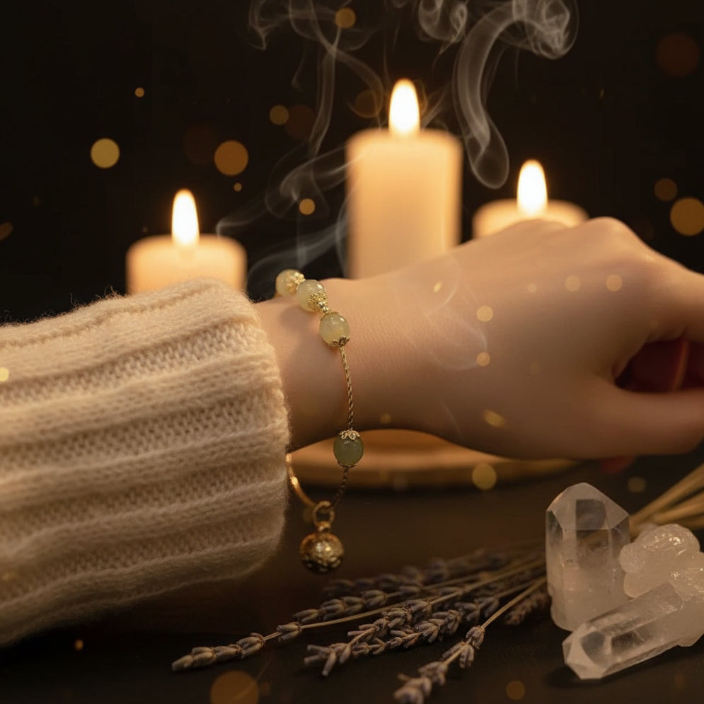 A delicate gold chain bracelet with light green jade-like beads and a small hanging gold charm, shown worn on a person's wrist wrapped in a cream knit sweater.