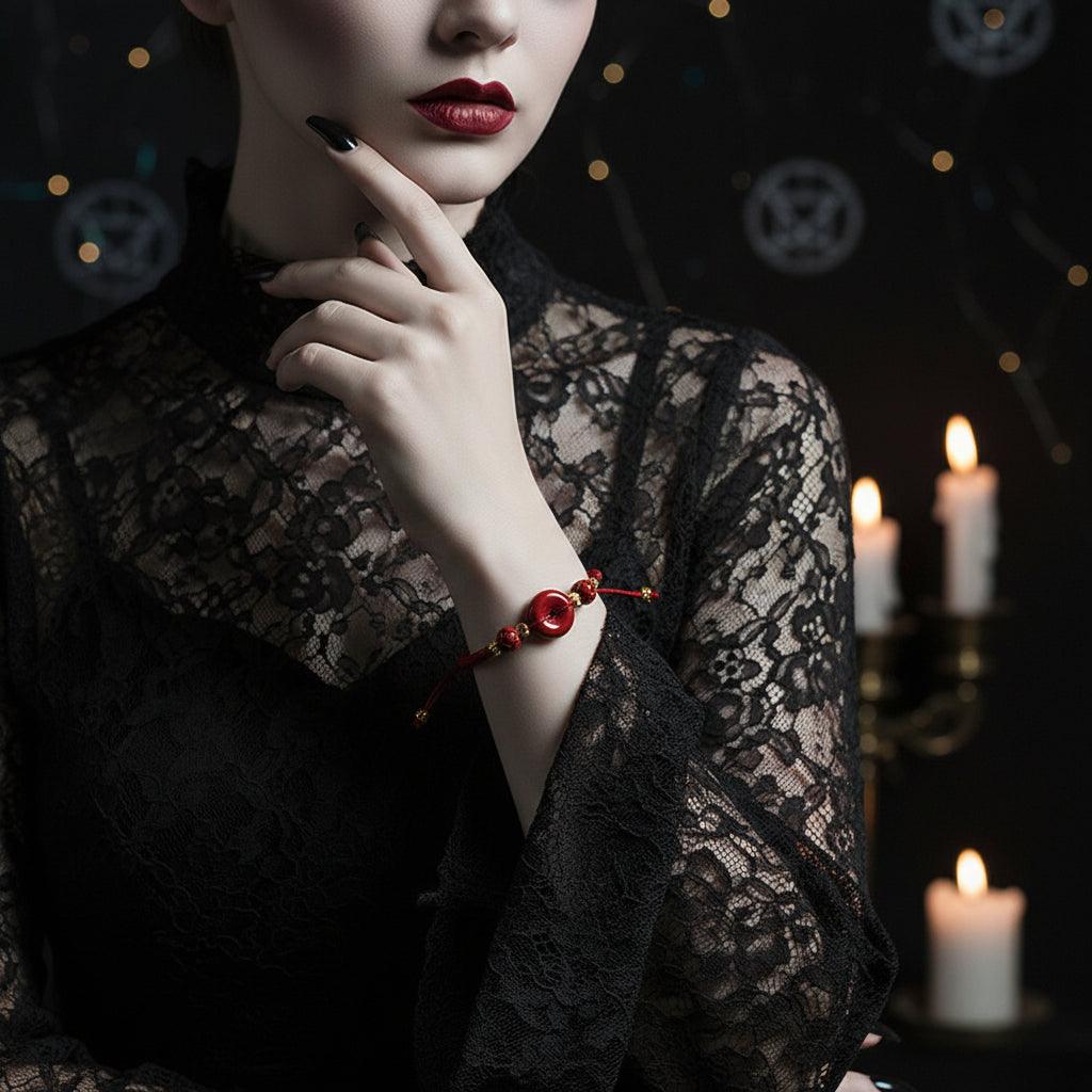 Red bracelet with a central bead on a red background