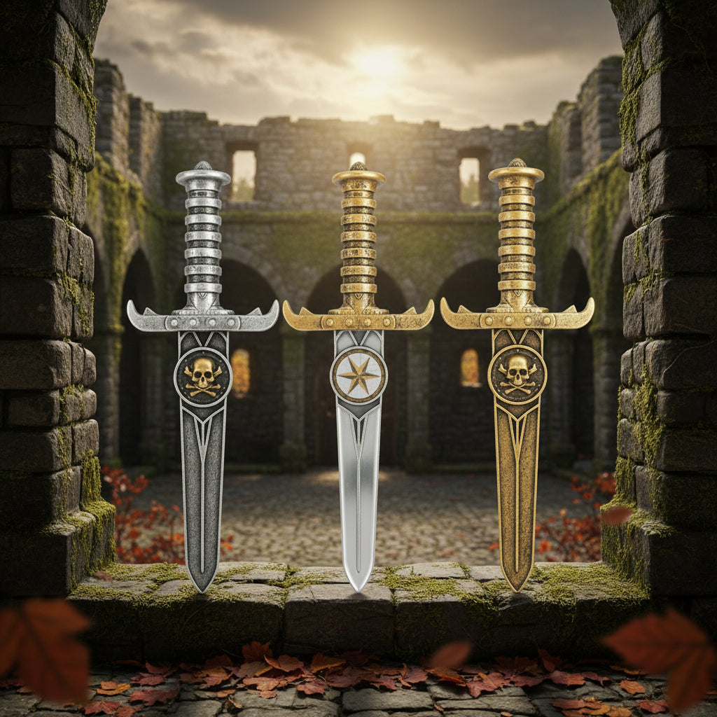 Three decorative swords with gold and black handles on a white background