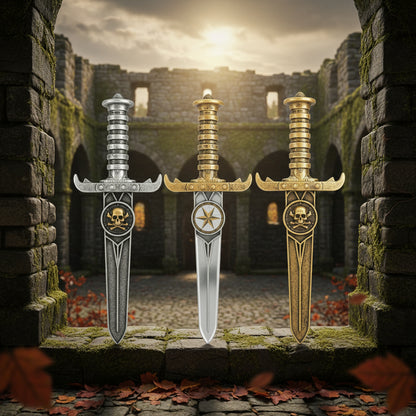 Three decorative swords with gold and black handles on a white background