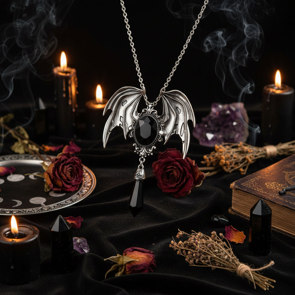 Gothic-style necklace with winged pendant and black gemstones on a white background