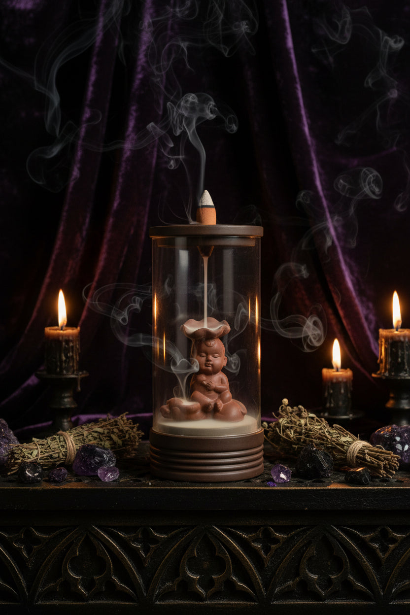 A glass incense burner with a brown lid and base, featuring a seated Buddha figurine inside and a burning incense stick suspended above the center.