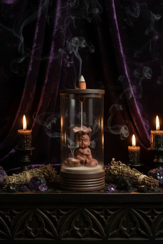 A glass incense burner with a brown lid and base, featuring a seated Buddha figurine inside and a burning incense stick suspended above the center.