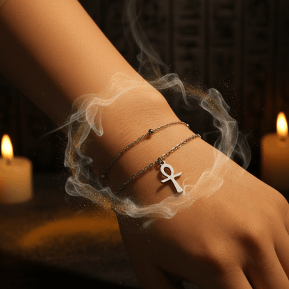 A close-up of a person's wrist wearing two delicate silver bracelets, including one with a small silver ankh pendant, against a soft white background with sheer tulle fabric.