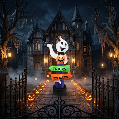 A Halloween inflatable ghost signpost at night, featuring a white cartoon ghost holding a glowing jack-o'-lantern. The signpost has directional arrows reading 'TRICKS' in green and 'TREATS' in orange, set against a decorated yard with colorful string lights.