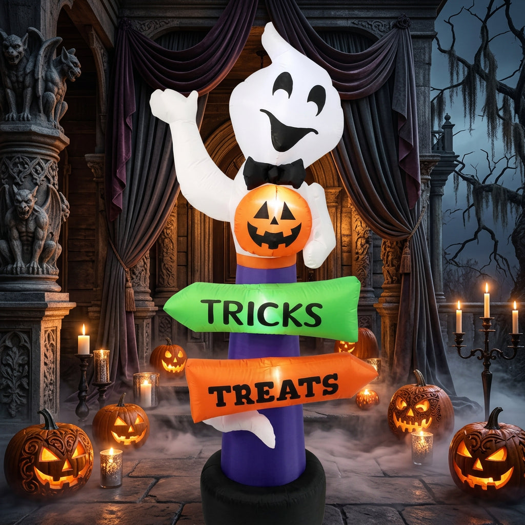 A Halloween inflatable ghost signpost at night, featuring a white cartoon ghost holding a glowing jack-o'-lantern. The signpost has directional arrows reading 'TRICKS' in green and 'TREATS' in orange, set against a decorated yard with colorful string lights.