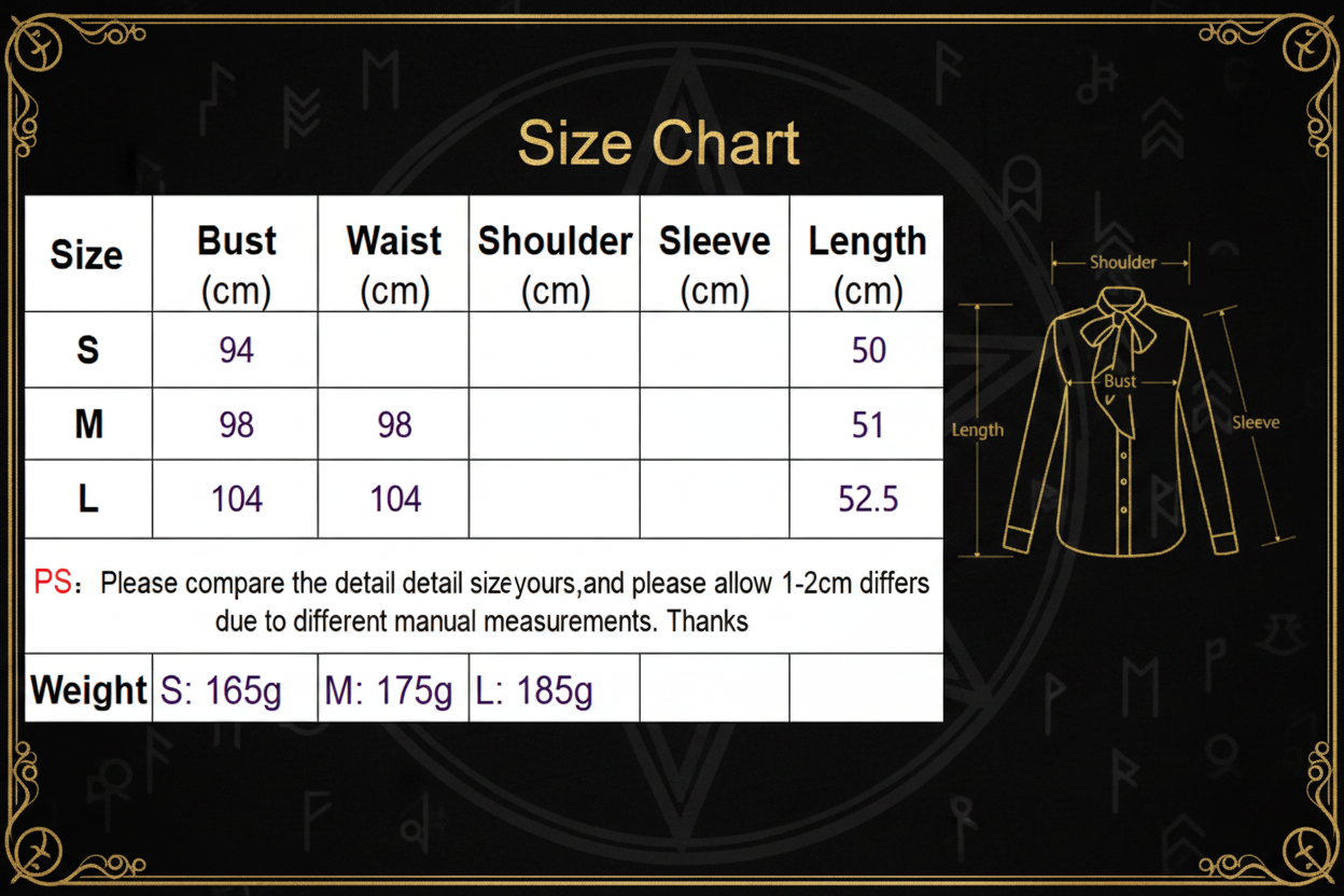 A size chart table for a women's blouse, showing sizes S, M, and L with bust, waist, shoulder, sleeve, and length measurements in centimeters, plus a line drawing of the blouse and a note with weights.