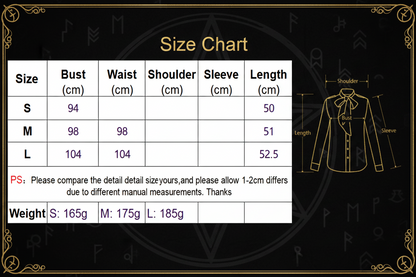 A size chart table for a women's blouse, showing sizes S, M, and L with bust, waist, shoulder, sleeve, and length measurements in centimeters, plus a line drawing of the blouse and a note with weights.
