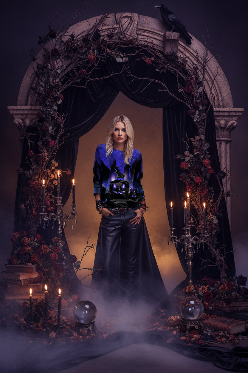 Person wearing a Halloween-themed sweater with a pumpkin and witch hat design.