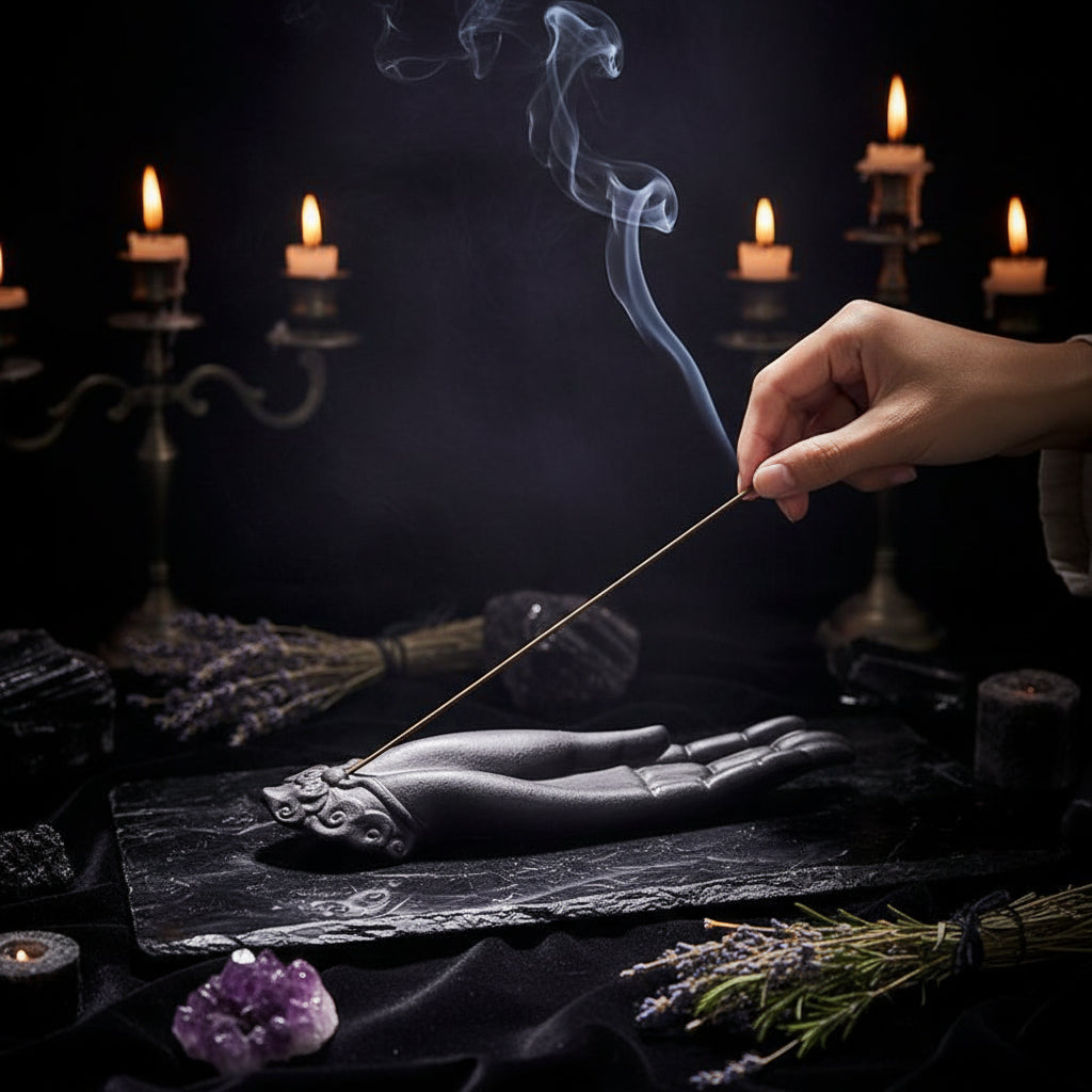 Incense stick being lit with a hand-shaped incense holder on a wooden table, with a teapot and cups in the background.