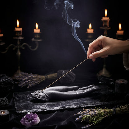 Incense stick being lit with a hand-shaped incense holder on a wooden table, with a teapot and cups in the background.