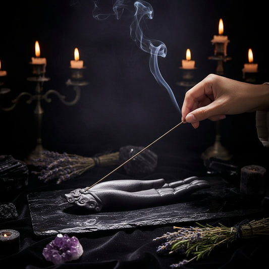 Incense stick being lit with a hand-shaped incense holder on a wooden table, with a teapot and cups in the background.