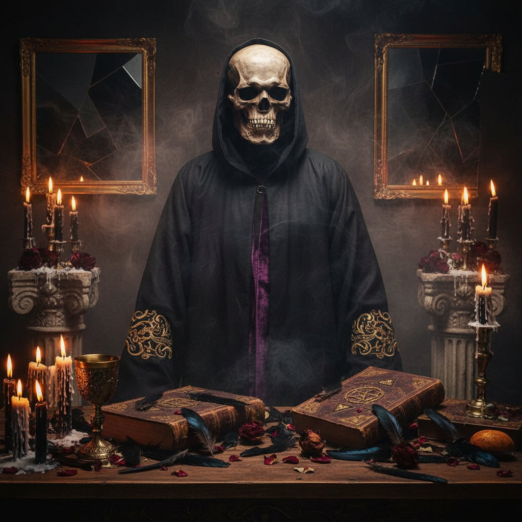 Skull mask worn by a person against a dark background
