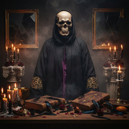 Skull mask worn by a person against a dark background
