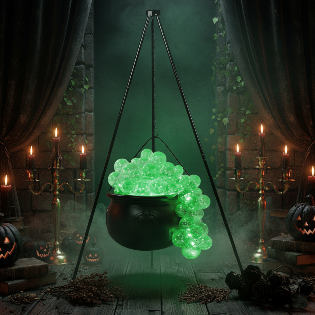 A black cauldron-shaped hanging decoration filled with glowing green bubble-like lights, suspended on a tripod stand against a dark green Halloween-themed background with spooky branches and small jack-o'-lanterns.