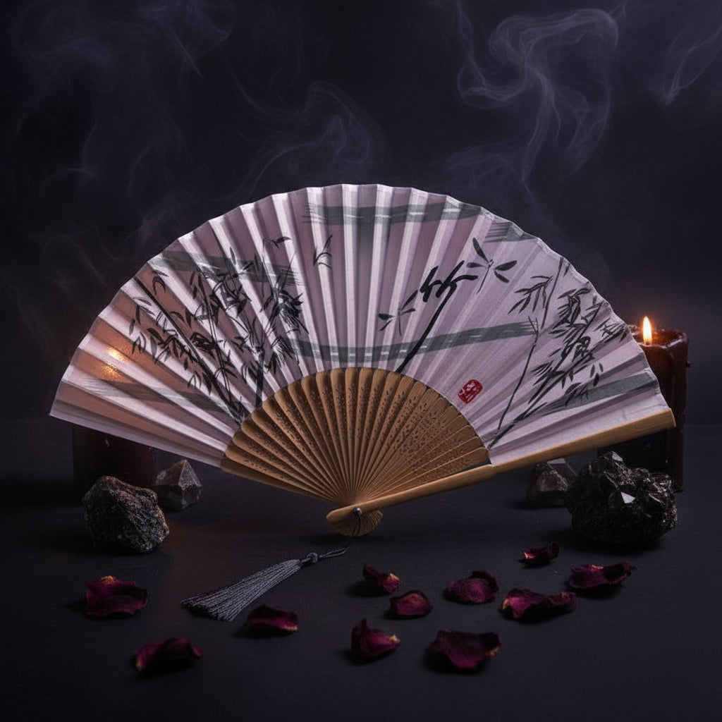 A traditional folding hand fan with a bamboo handle, black ink bamboo and floral illustration on white paper, and a black tassel, styled with pink blossoms on a white background.