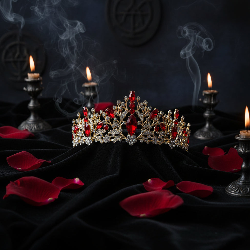 Ornate tiara with red stones on a pink background