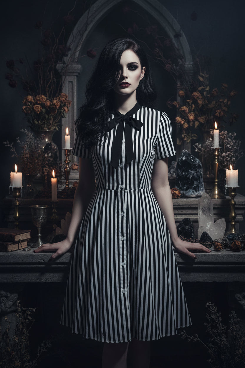 Black and white striped dress with a bow tie on a white background