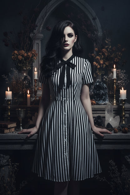 Black and white striped dress with a bow tie on a white background