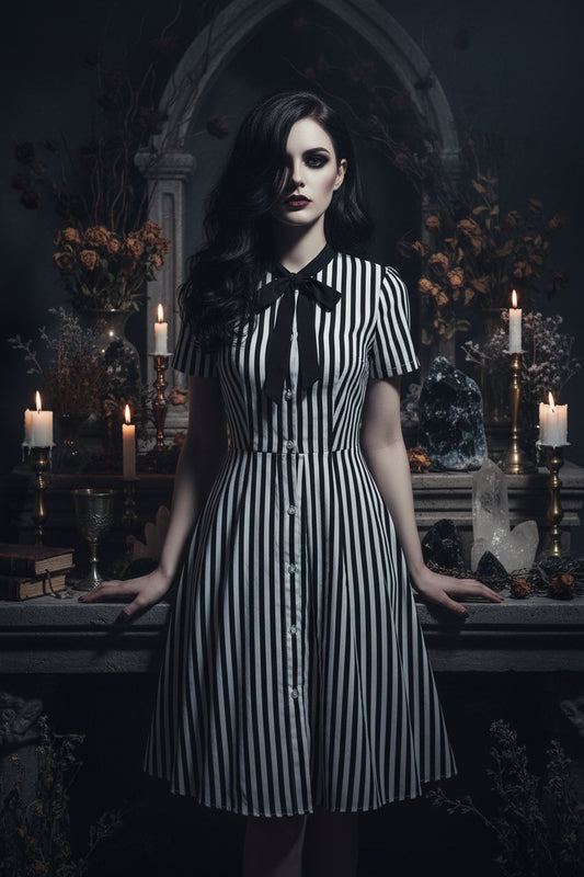 Black and white striped dress with a bow tie on a white background