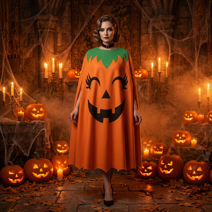 Orange cape with a pumpkin face design on a white background