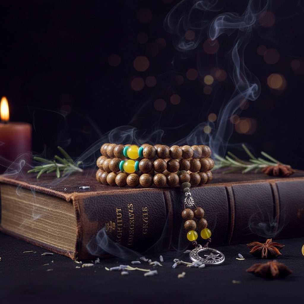 Wooden beaded bracelet with yellow and green beads on a book