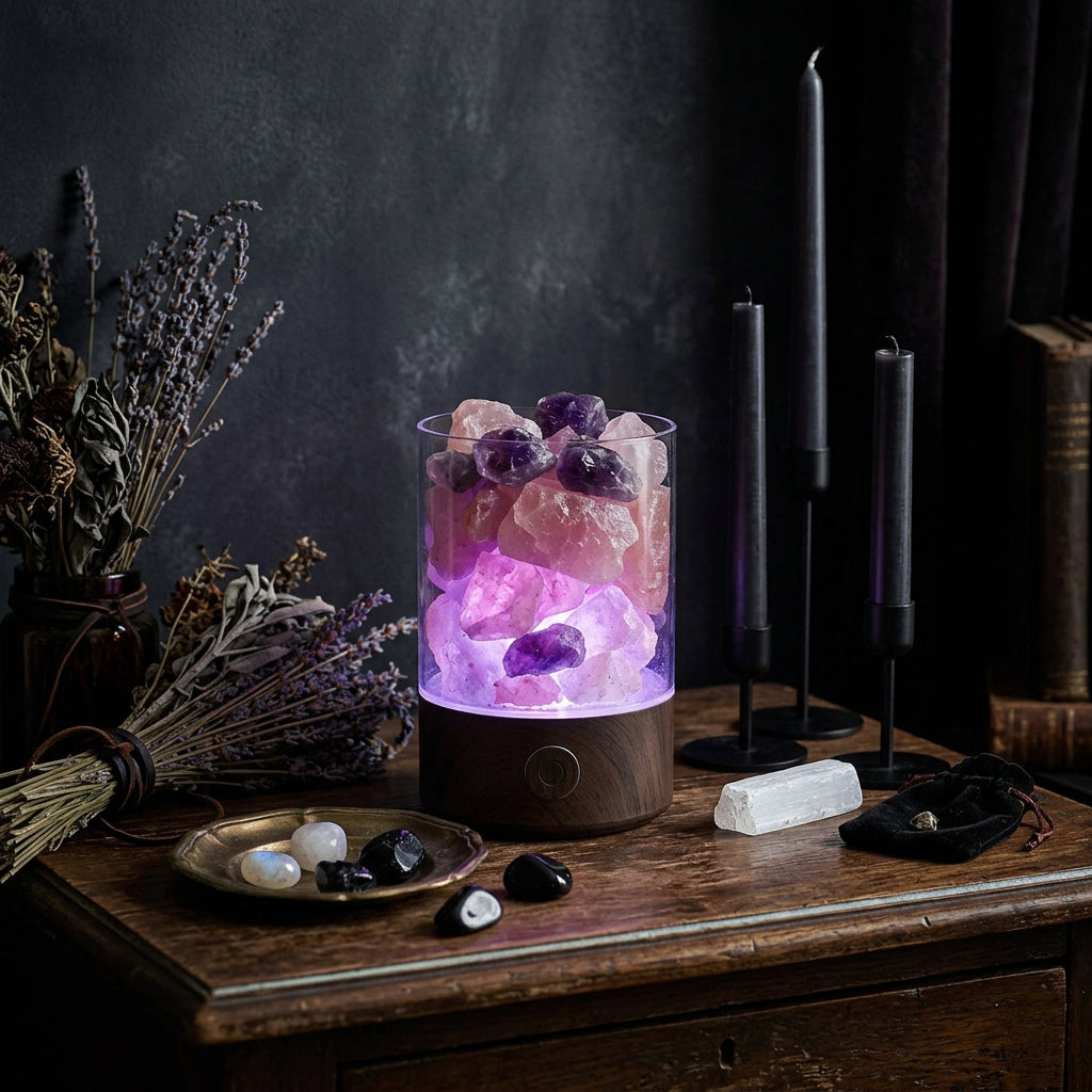 A glowing pink salt lamp in a clear cylindrical glass container with a white base, placed on a wooden surface against a dark blue background. A small vase with dried stems sits to the left.