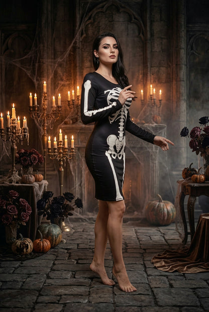 A black long-sleeve bodycon dress with a white skeleton print on the sleeves and upper bodice, displayed on a female mannequin against a plain white background.
