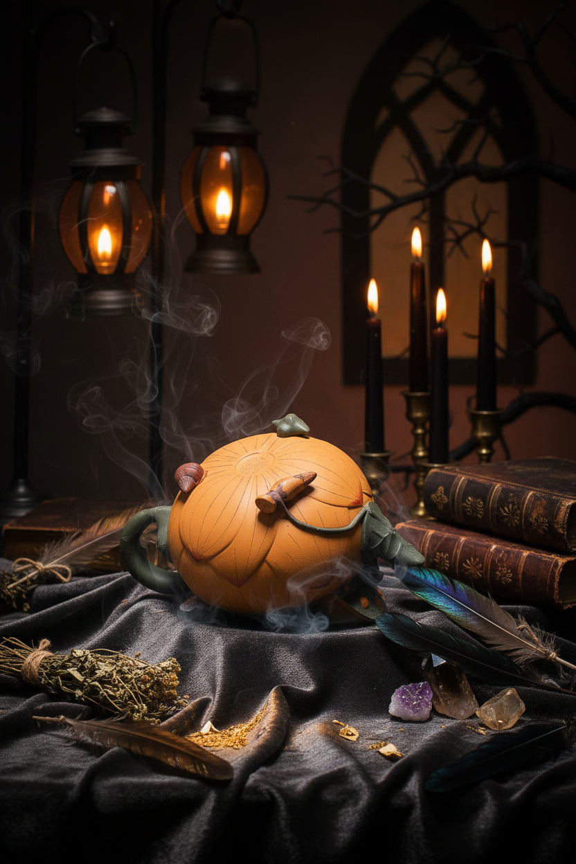 An ornate orange pumpkin-shaped teapot with dark green handles and lid, featuring carved leaf details and a small decorative handle on top, photographed against a dark gray gradient studio background.