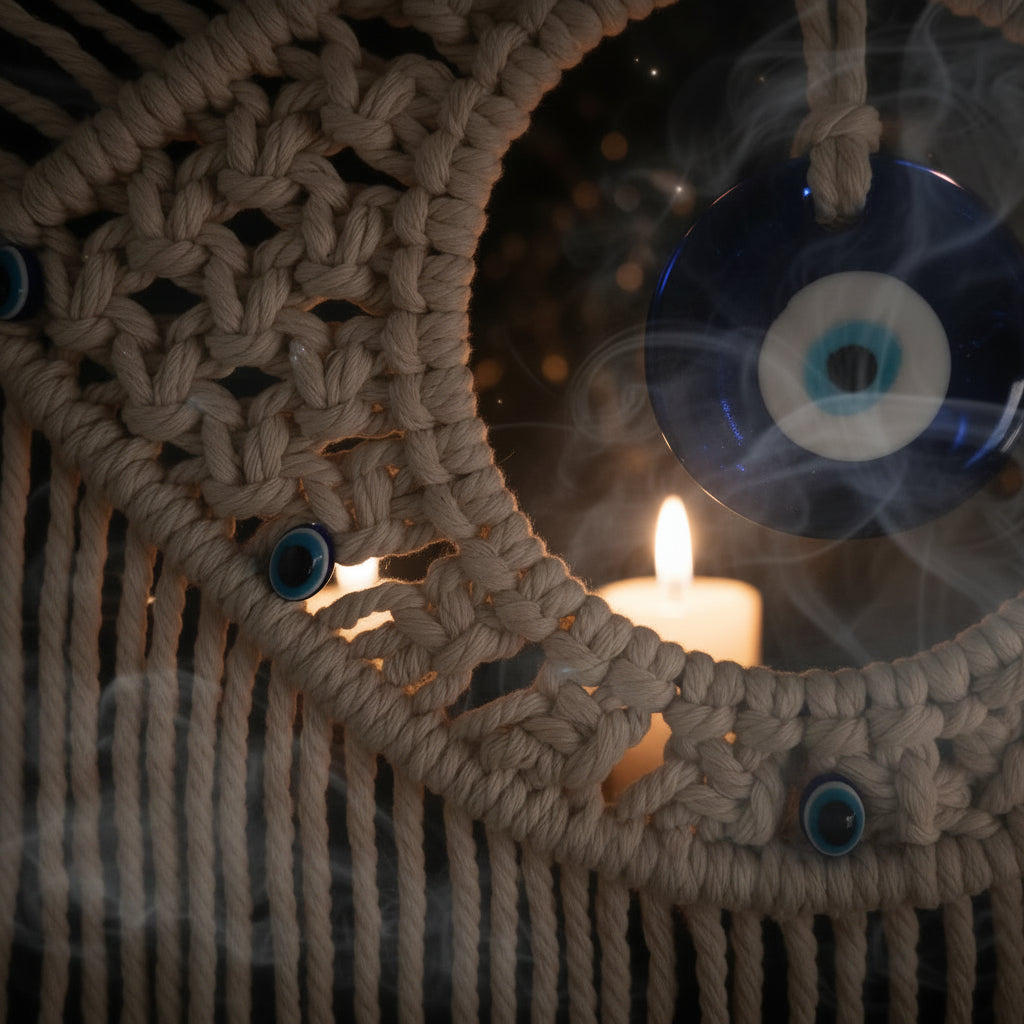 Close-up of a macrame wall hanging with blue evil eye charms.