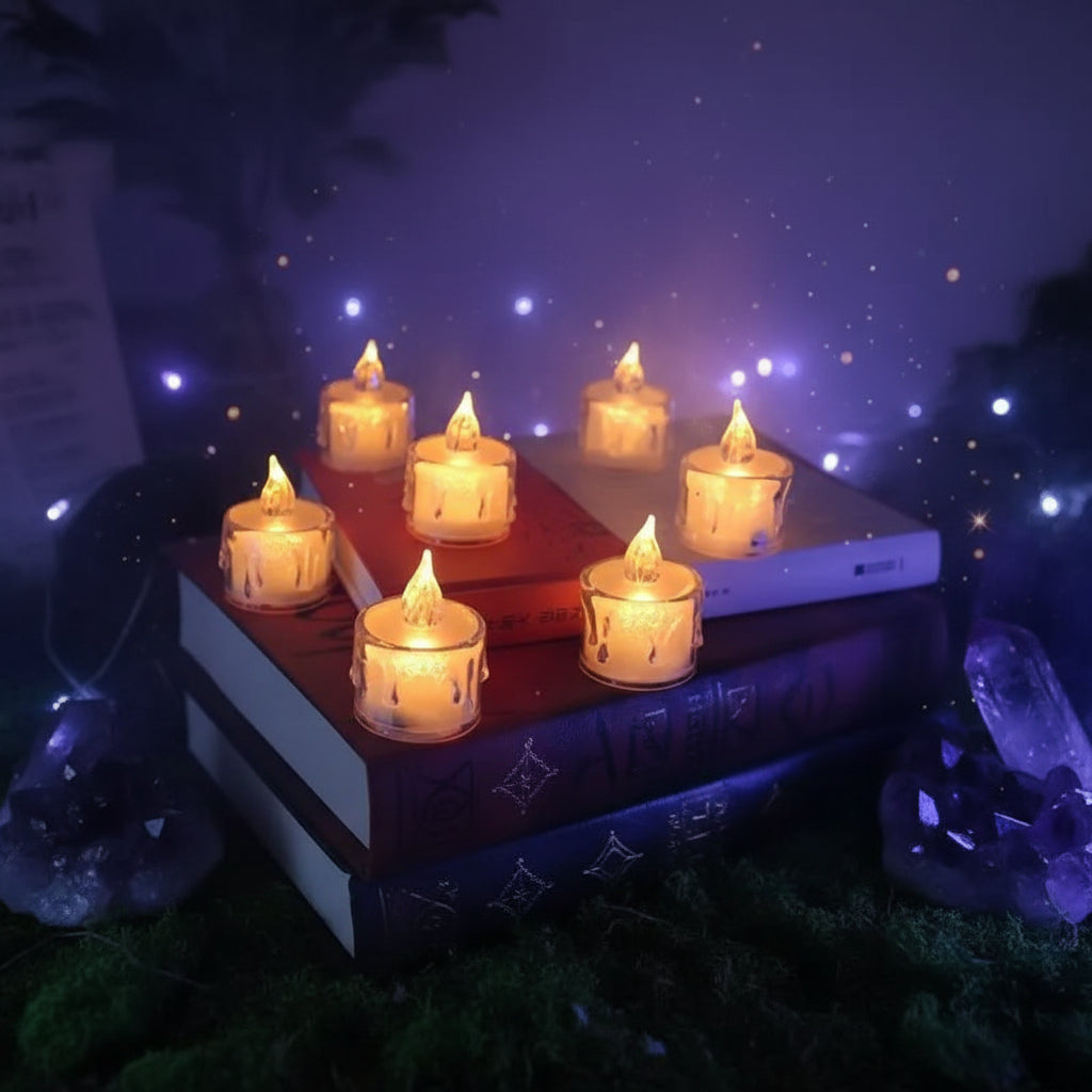 Six flameless LED tea light candles with a dripping wax effect, arranged on top of three stacked books in a warm, cozy setting.
