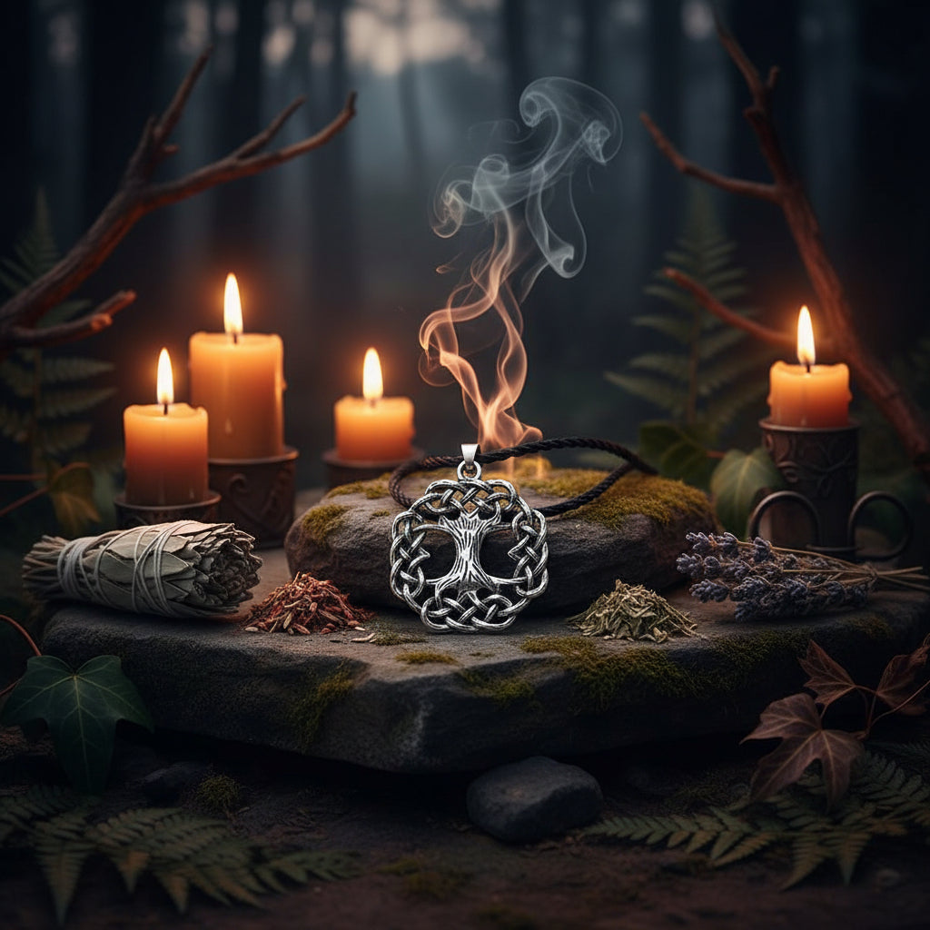 Silver tree of life pendant on a black cord against a wooden background