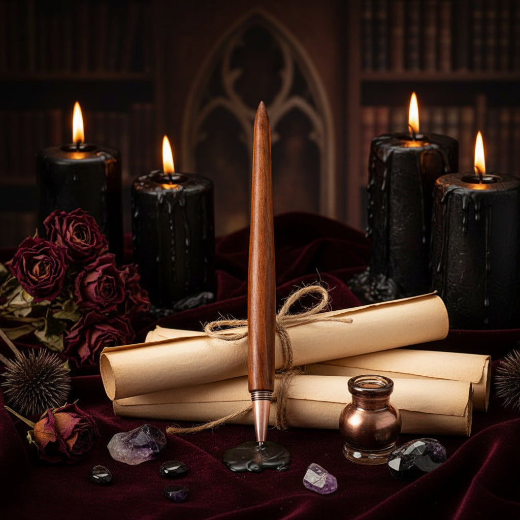 A wooden pen with a polished brown handle and rose gold metal tip, resting diagonally on a rustic wooden tray alongside a matching wooden pencil and vintage paper.