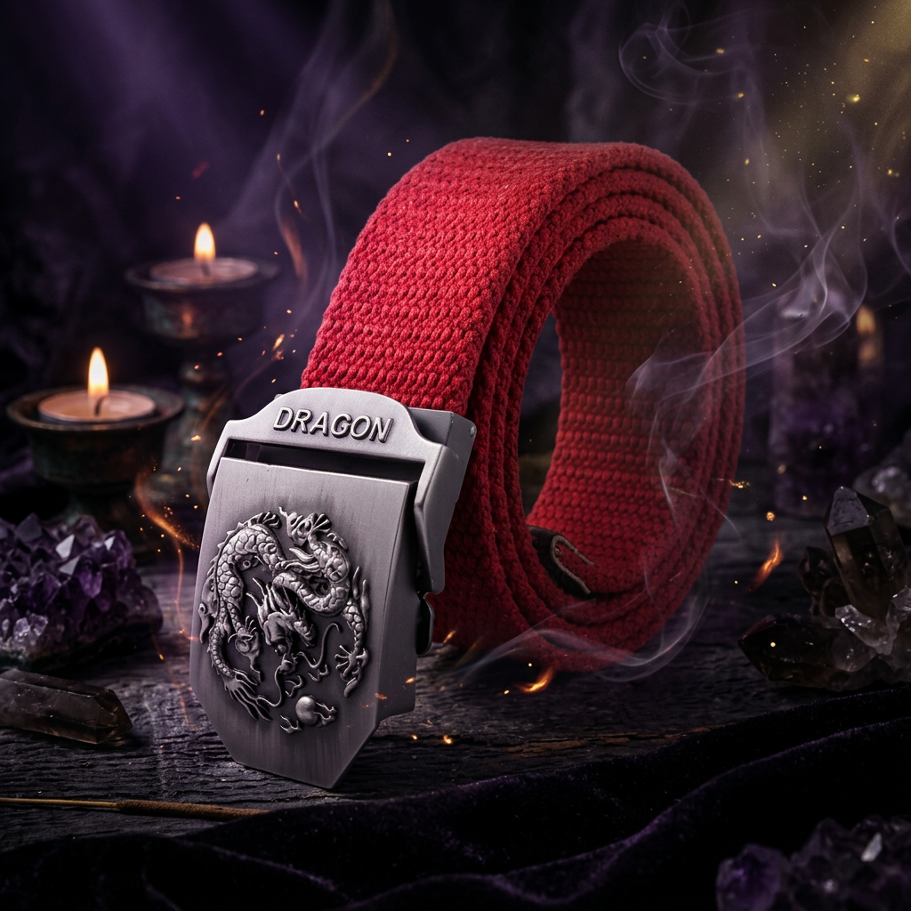 A red woven canvas belt with a textured silver metal buckle featuring an embossed dragon design and the word 'DRAGON' engraved on the top, shown on a white background.