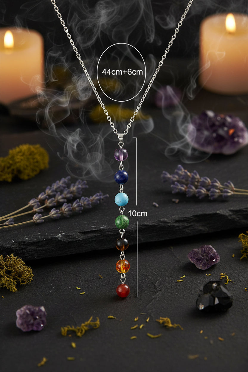 Necklace with colorful beads and chain measurement details on a white background