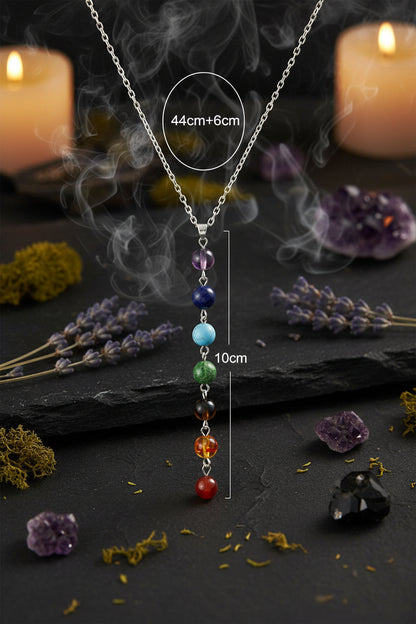 Necklace with colorful beads and chain measurement details on a white background