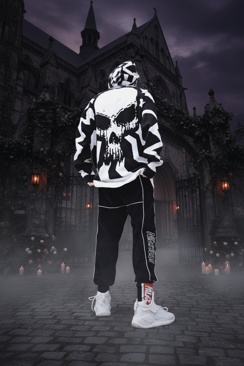 A person standing with their back to the camera wearing a black and white patterned hoodie with a large skull graphic on the back, black pants with white piping and side text, and white sneakers, set against a concrete wall.