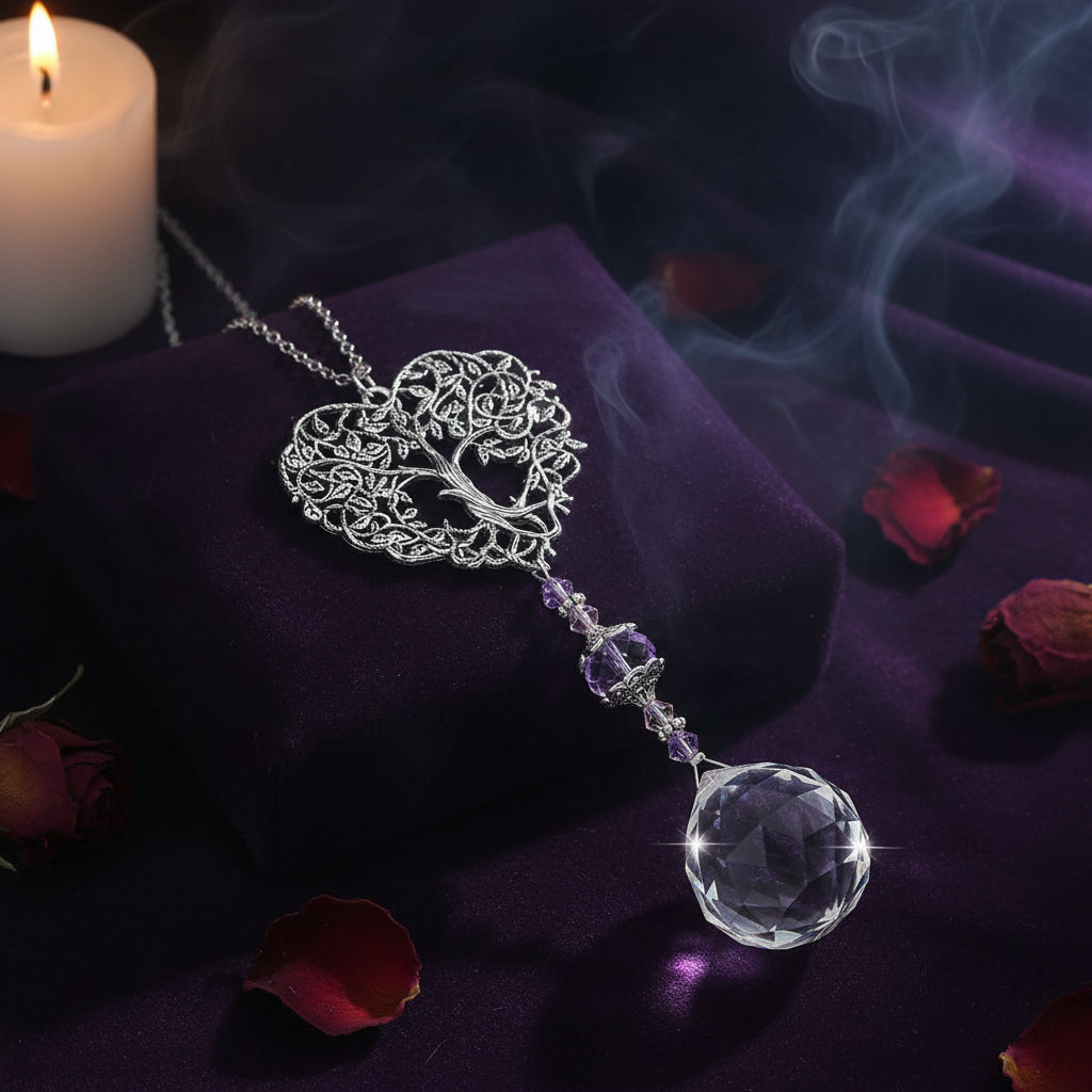 A silver filigree tree of life pendant necklace with a faceted pink crystal bead and a large clear crystal sphere dangle, displayed on a textured red background.