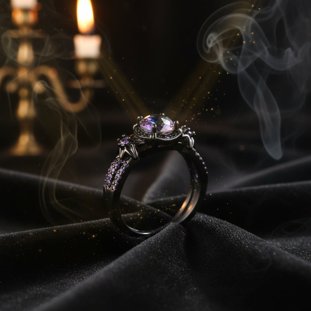 Vintage Black Gold Skull Ring with Purple Zircon Sorceress Sanctuary