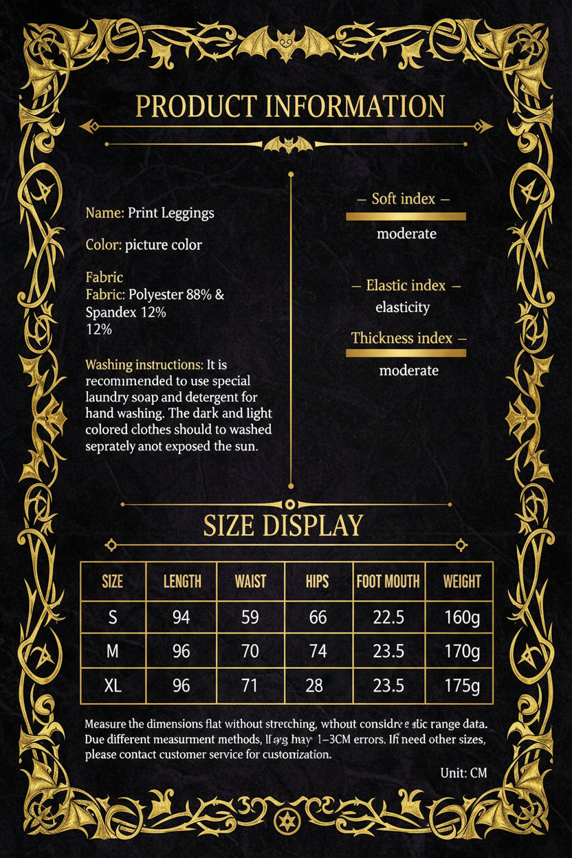 Product information sheet for print leggings showing color description, fabric composition, washing instructions, soft index, elastic index, thickness index, size chart in centimeters, and weight in grams for sizes S through XL.