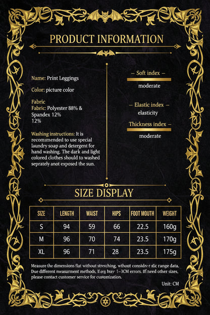 Product information sheet for print leggings showing color description, fabric composition, washing instructions, soft index, elastic index, thickness index, size chart in centimeters, and weight in grams for sizes S through XL.