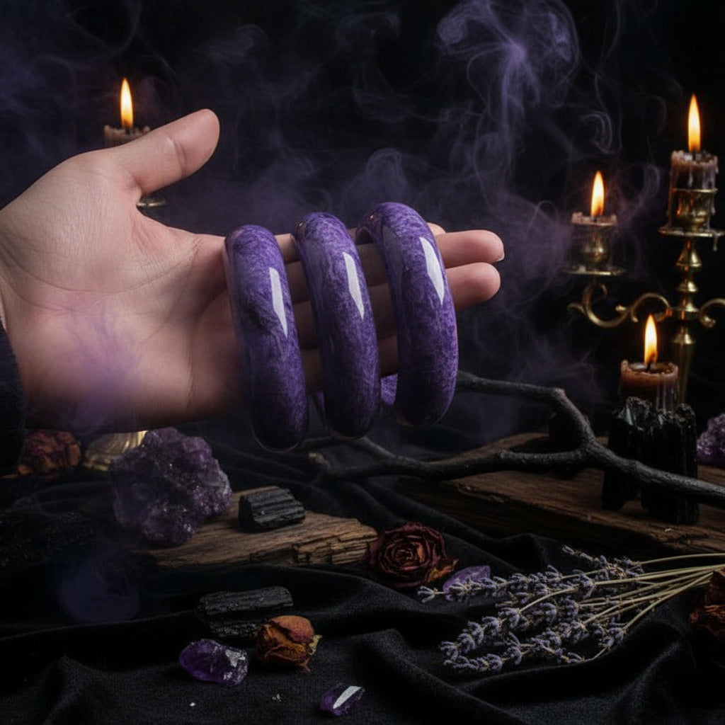 Three purple bangles held in a hand on a white background