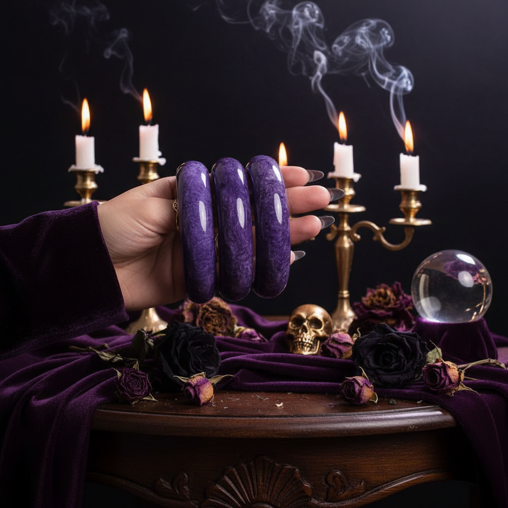 Three purple bangles held in a hand on a white background